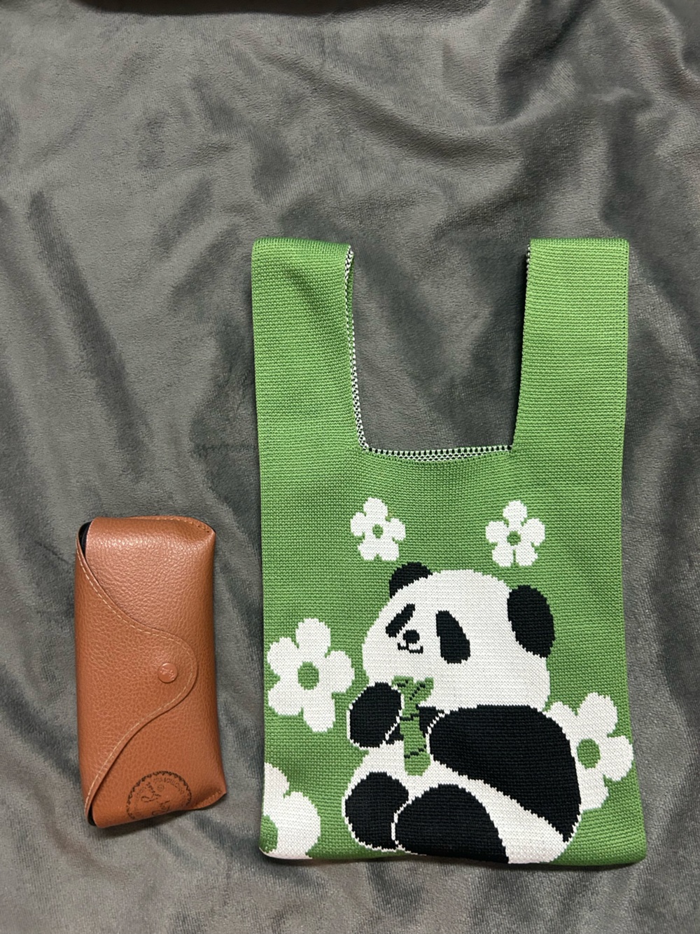 Green Panda Knit Kids Shoulder Bag - Cute Floral Tote